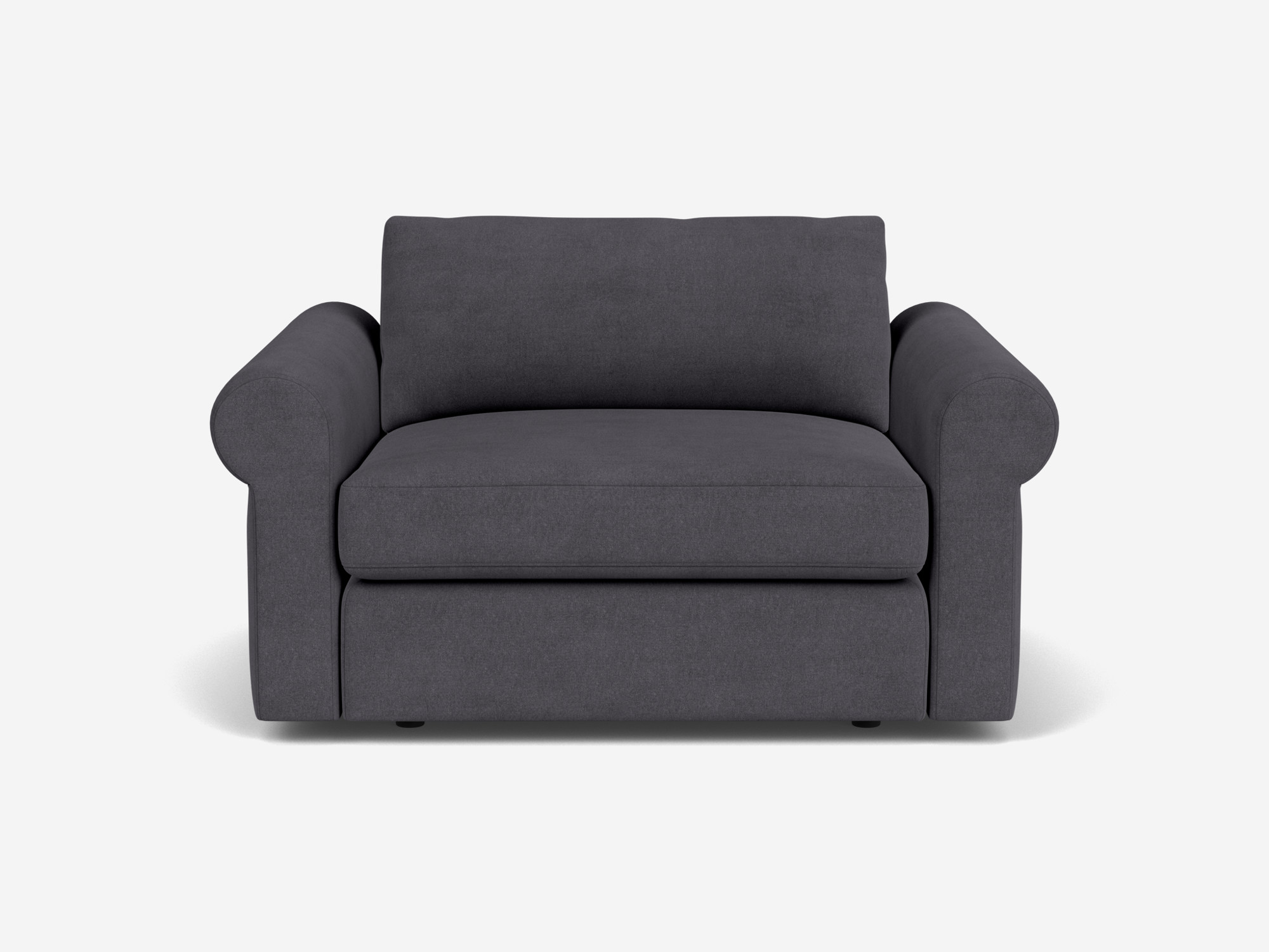 Front view of grey wide armchair with roll arms